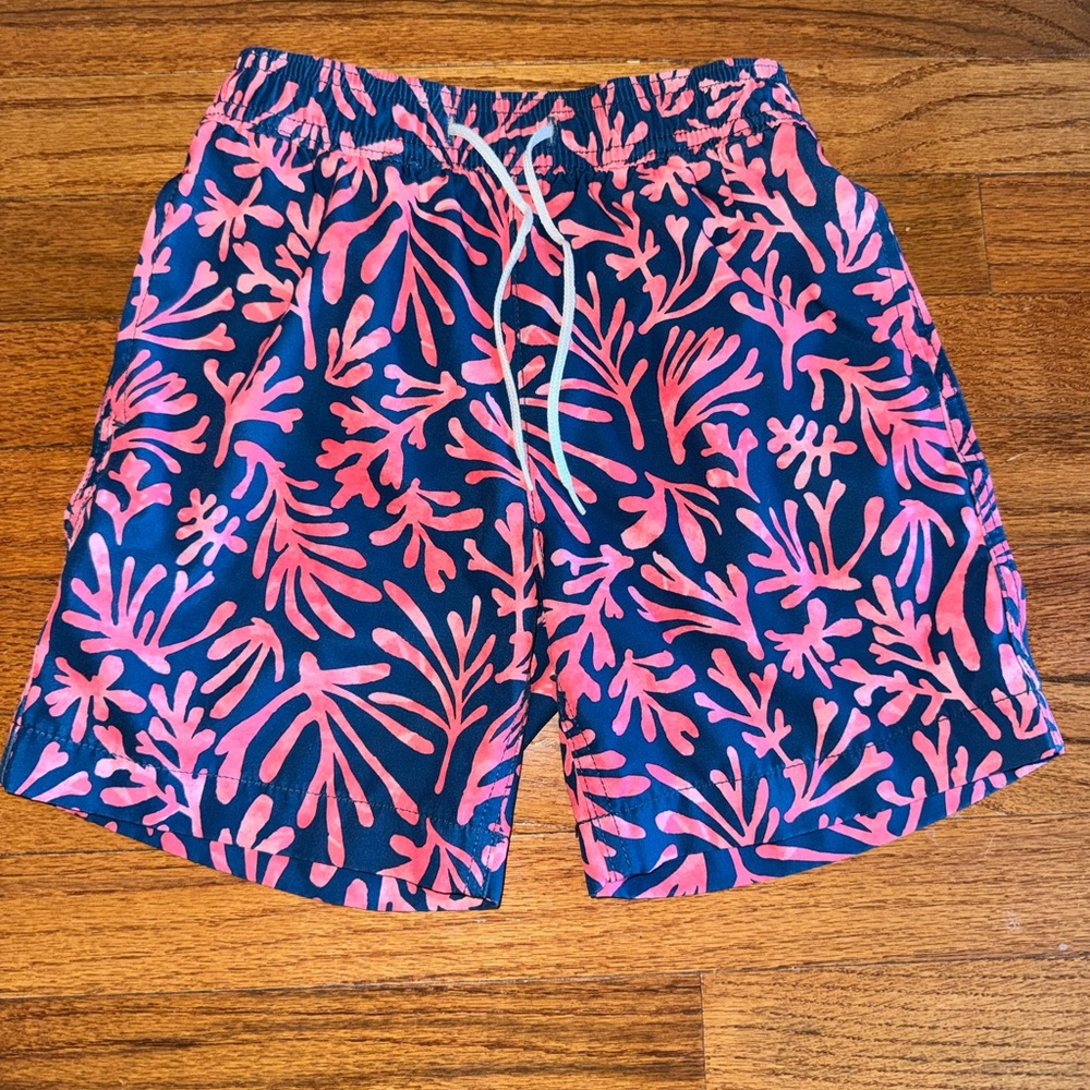 Crewcuts Navy Swim Trunks with Pink Coral Print